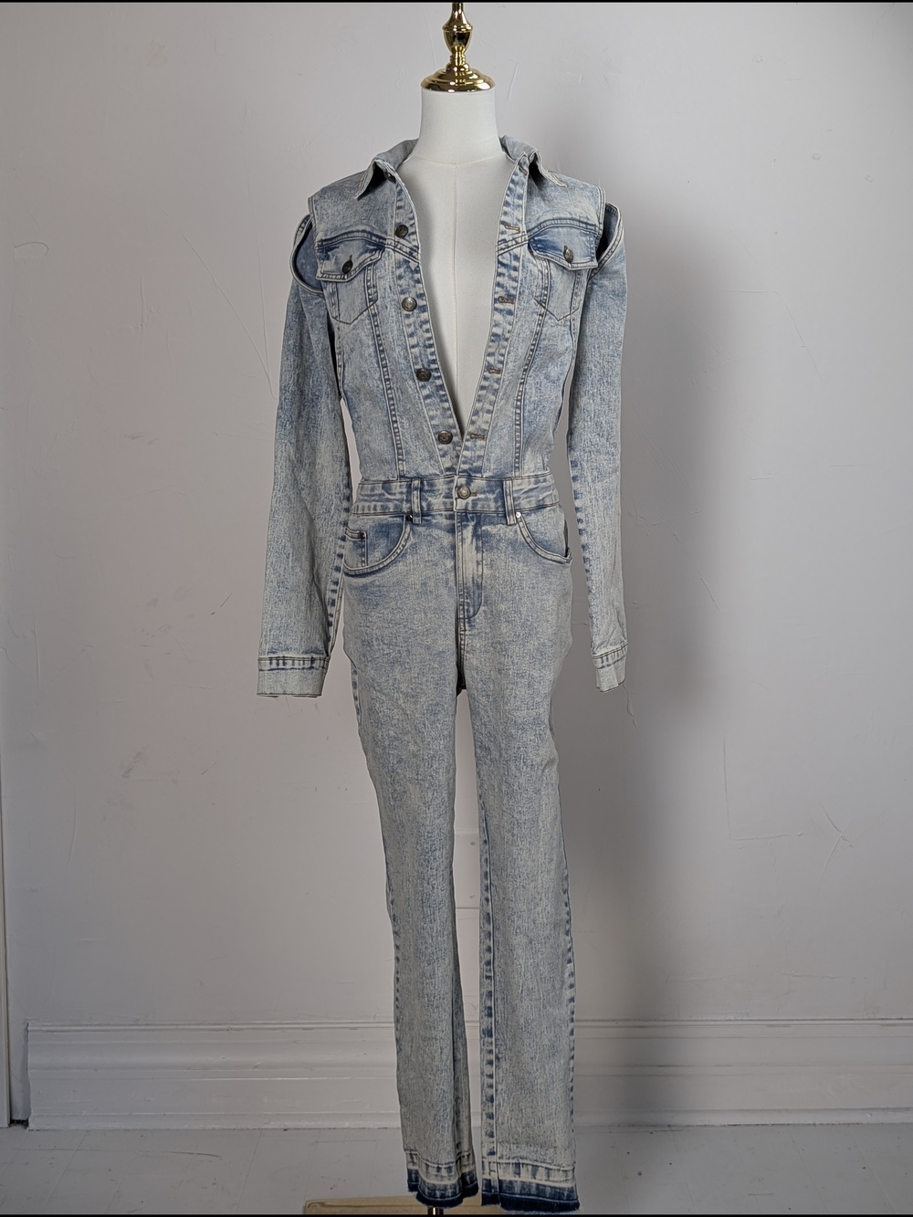 Edgy The Fifth Week Acid Wash Denim Jumpsuit in Light Blue Model Off-Duty